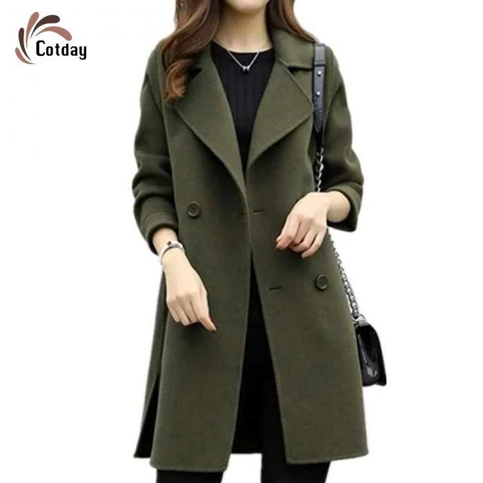 

Cotday Wool Double Breasted Turn Down Collar Navy Long 2020 New Femme Collar Winter Warm Elegant Coat Women Woolen Blend Coat