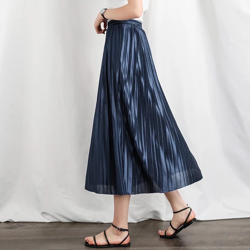 

Spring Autumn Fashion Women's High Waist Chiffon Pleated Solid Color Half Length Elastic Simple Lady Summer Skirt Lining Drape