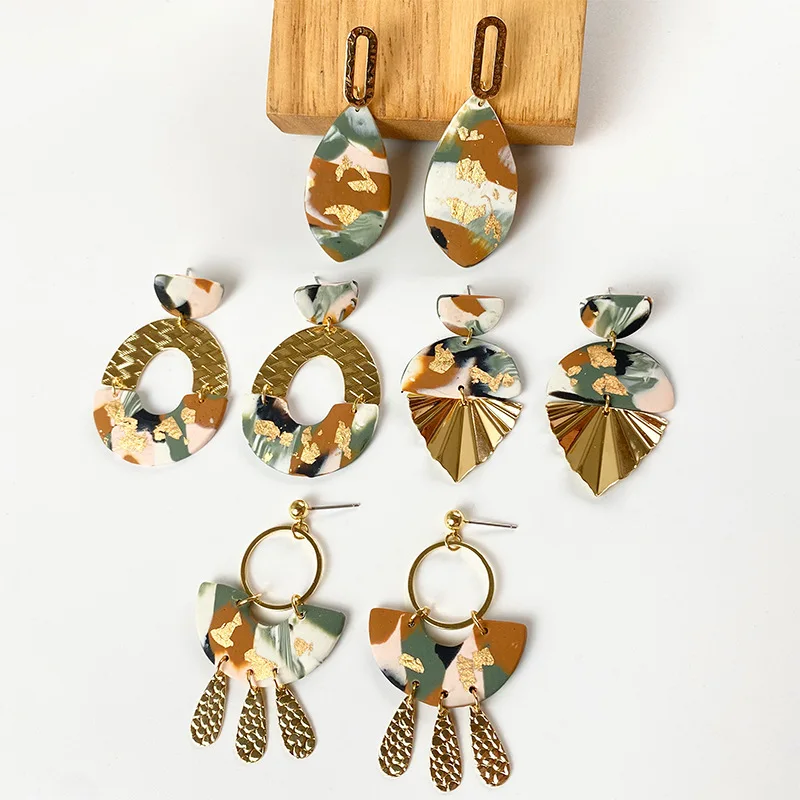 

Origin Summer Charming Morandi Geometric Marble Polymer Clay Pattern Dangle Earring for Women Hollow Asymmetric Earring Jewelry