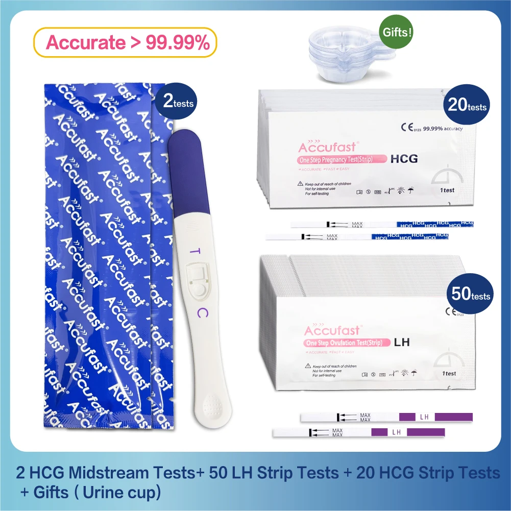 ACCUFAST 2022 New Product Over 99% Accuracy 50Pcs LH Strips + 20Pcs HCG Strips + 2Pcs HCH Midstream Urine Test Combo