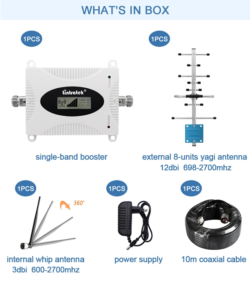 

AGC Lintratek 2G 3G 4G DCS 1800 LTE Signal Amplifier Internet 900 GSM 2100 WCDMA UMTS Mobile Phone Cellular Repeater Booster Set