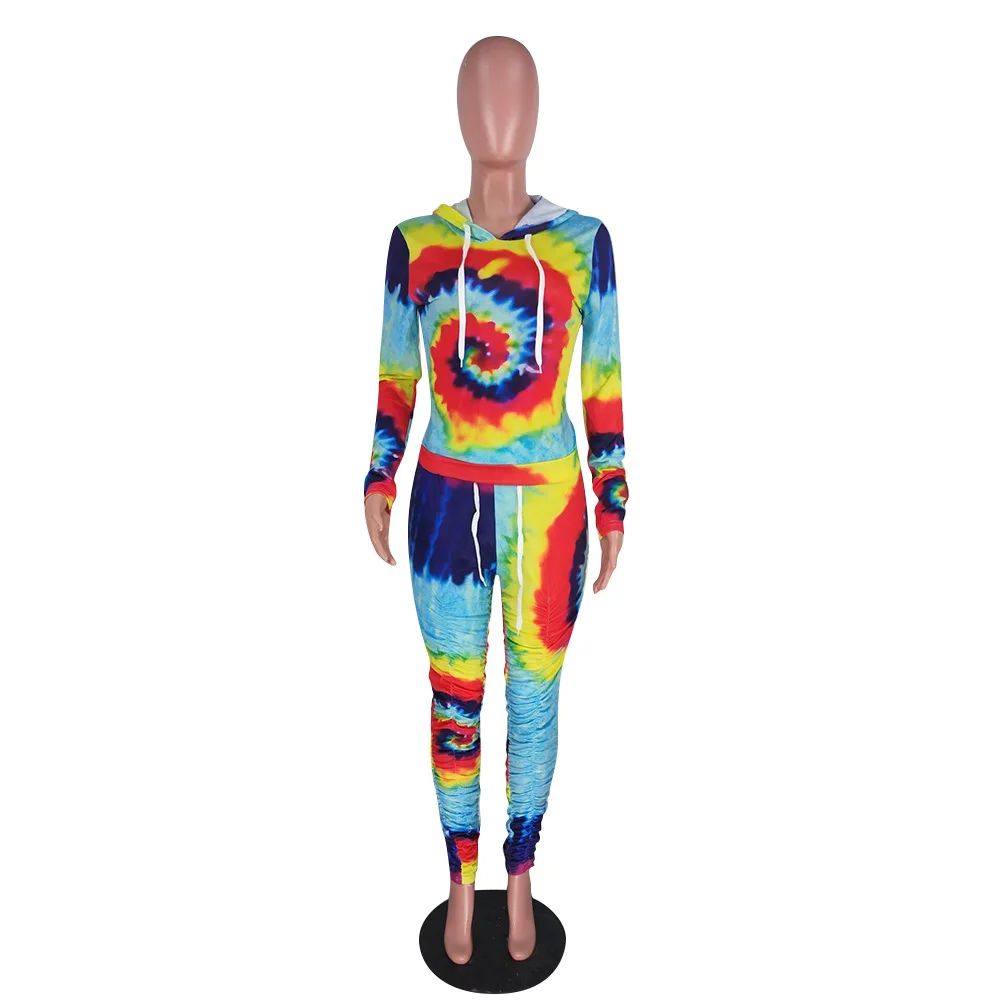 

Autumn new casual tie dye print sports two piece set loose cap long sleeve shirt and trousers women's suit