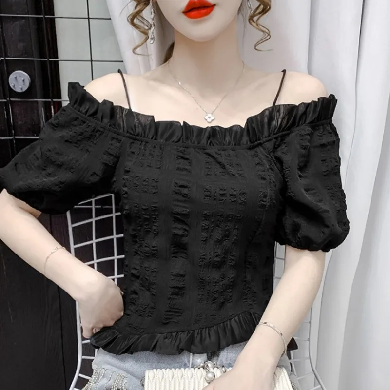 #2041 черно белая шифоновая короткая блузка женская с воротником лодочкой и