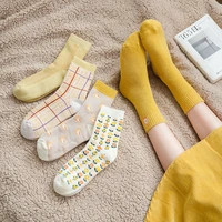 combed cotton autumn winter yellow theme series cute maiden fashion young woman plaid floral pattern embroider medium crew socks