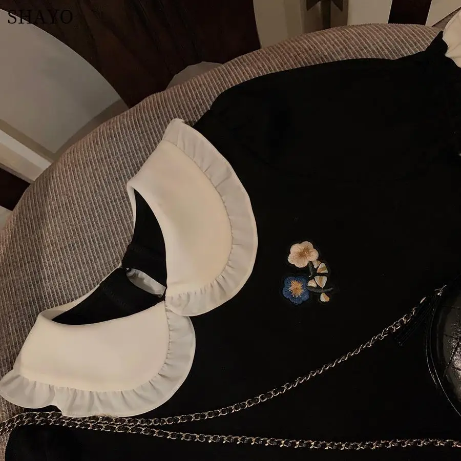 Женская летняя блузка с воротником Питер Пэн черные топы коротким рукавом