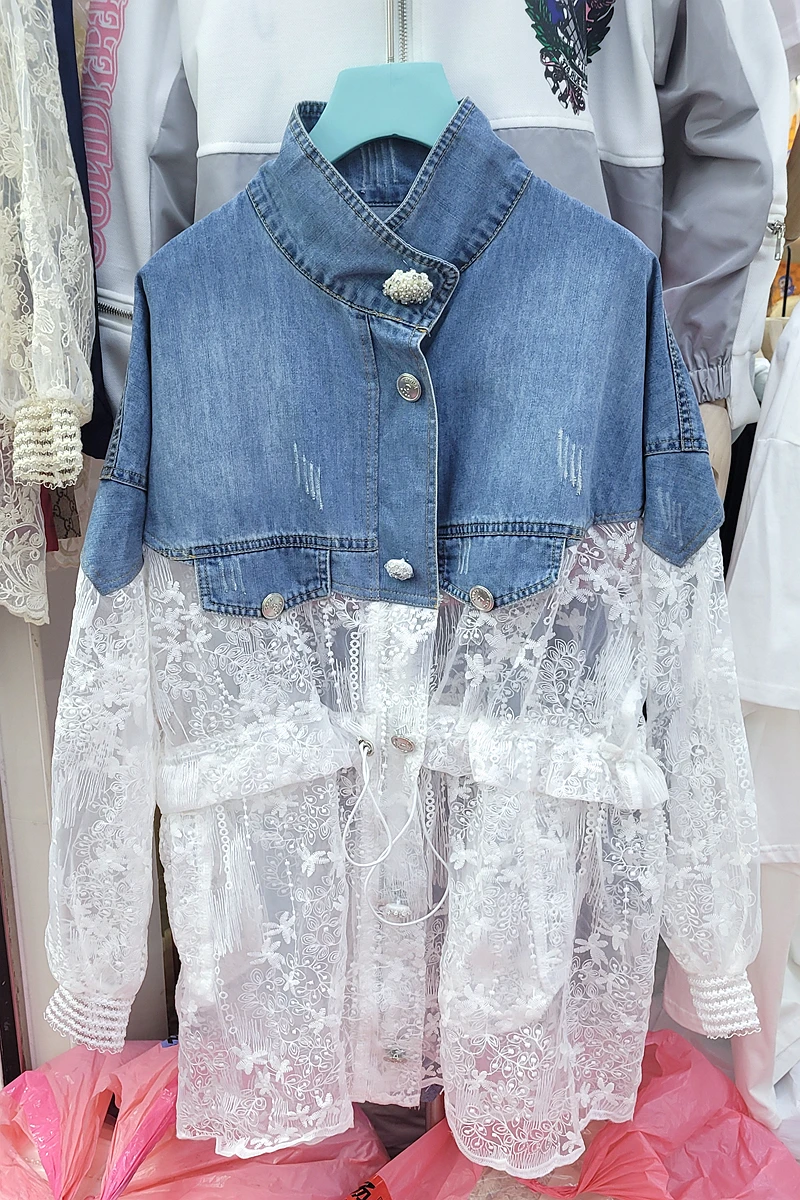 

Women Denim Splicing Sun Protection Coat Female 2021 Summer Lace Fashionable Thin Jacket Sexy Women Jackets