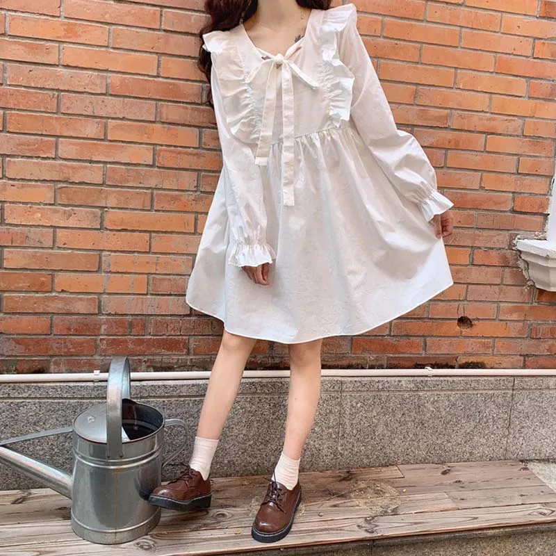 

Kawaii Solid O Collar Ruffle Mini Dress Japanese Mori Girl Summer Dress Retro Sweet Lattice One-Piece Women Long Sleeve Dresses