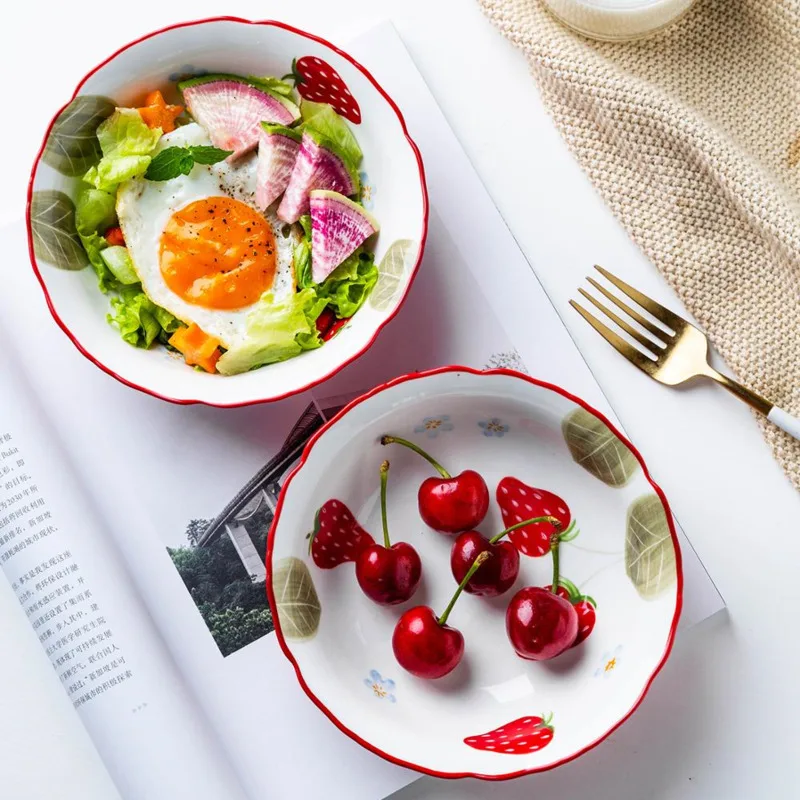WSHYUFEI 6Inch Strawberry Ceramic Salad Bowls Dessert Bowl Soup Noodle Heat Resistant Microwave | Дом и сад