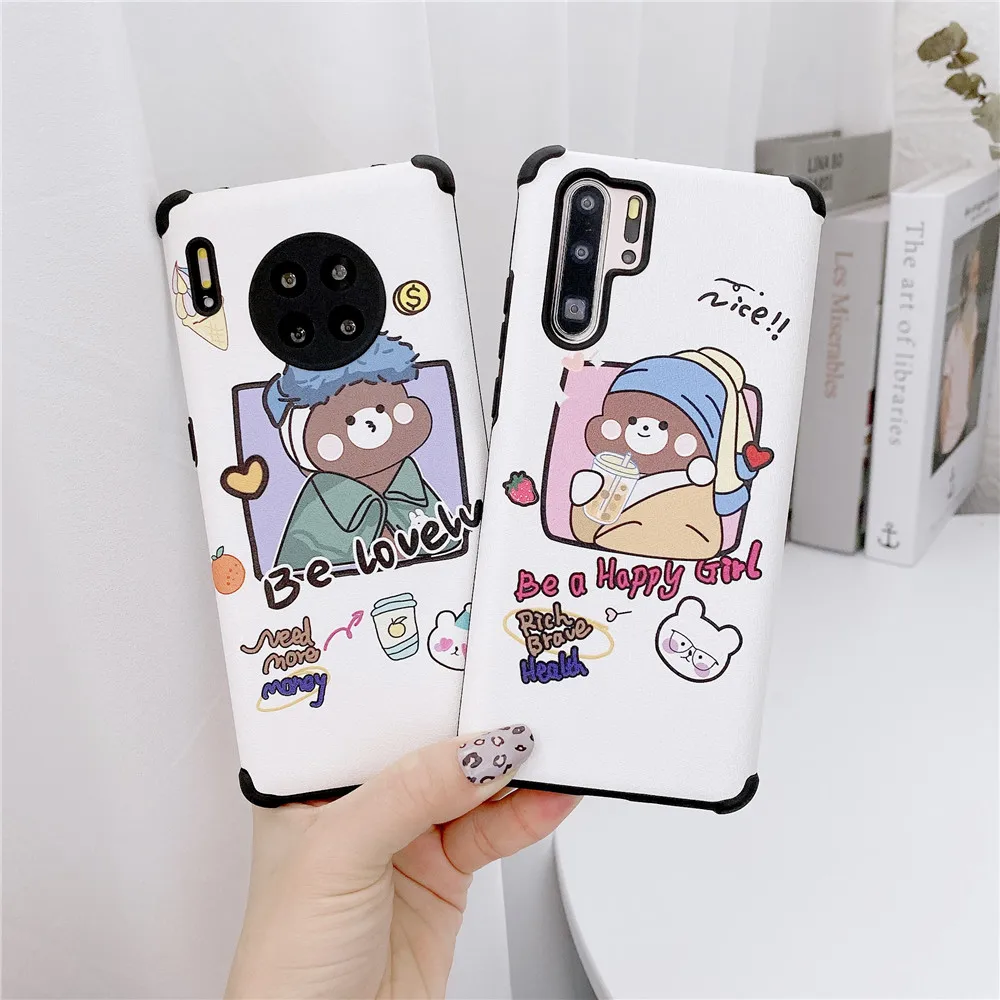 

Silk Matte Phone Anti-fall Case For Huawei Mate 20 30 40 RS P20 P30 P40 Pro P smart 2021 Y7a Y9a Cartoon Rabbit Bear soft Cover