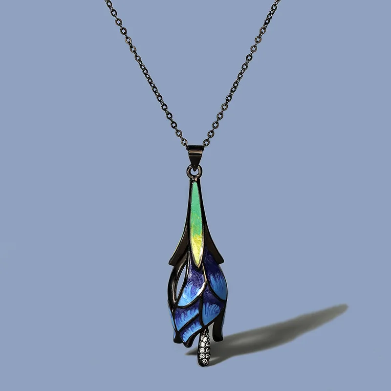CIZEVA Elegant Blue Enamel Flower Bud Pendant Necklace for Women 925 Silver Retro Bohemia Black Gold Choker Swearter Necklaces | Украшения