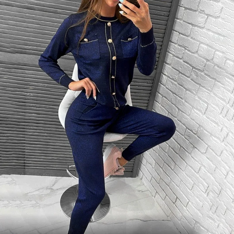 

2021 Autumn New Elegant Women's Set Two Pieces Set Single Fake Breasted Tops+long Pants Long Sleeve Tracksuit Metallic Yarn Suit