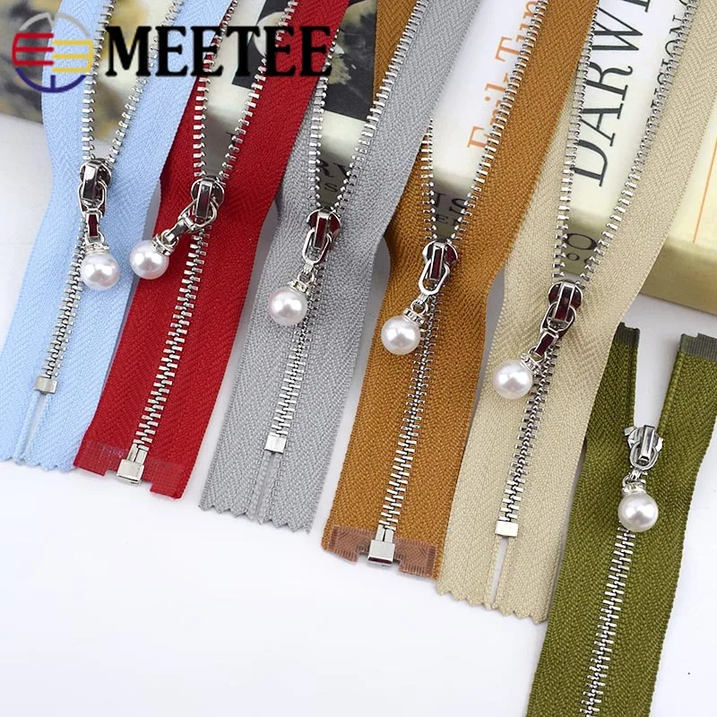 

Meetee 5pc Close-end 20cm Open-End 40/50/60/70cm 3# Metal Zipper Pearl Slider Zip for Sewing Garment Bags Shoes Tailor Accessory