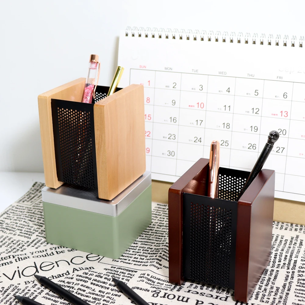 Wooden Metal Grid Square Pen Holder Simple Atmosphere Multifunctional School Office Stationery Storage Pen Holder