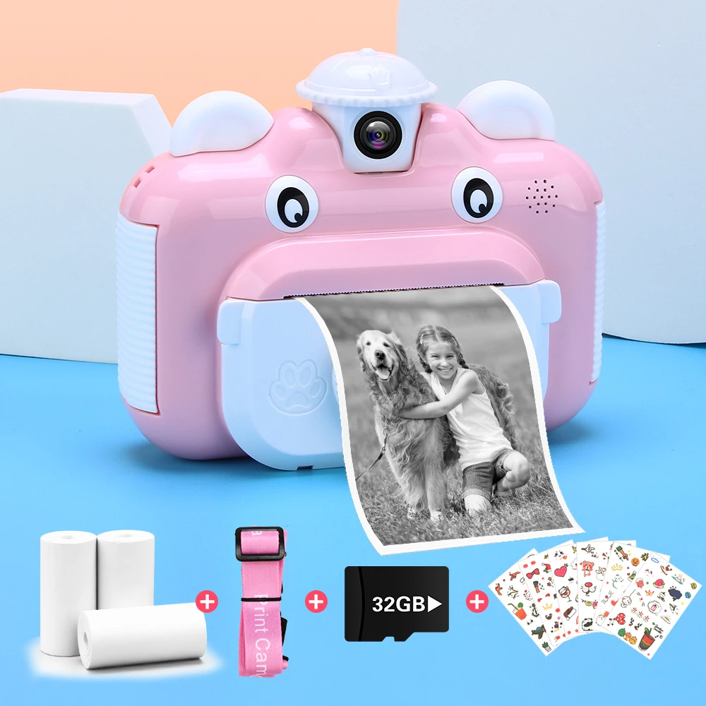 

Instant Print Camera for Children Toys Rotatable Lens 1080P HD Kids Camera with Thermal Printing Paper 32GB Card Color Stickers