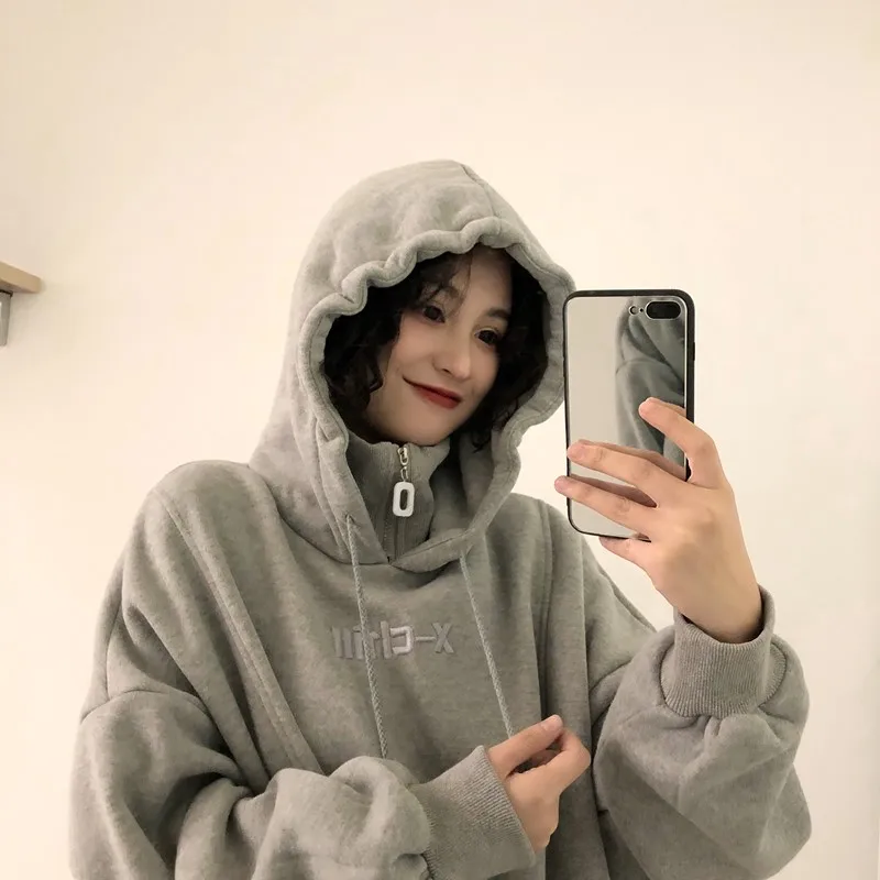 

With Hat Hoodies Women Thickening Fake Two Pieces Big Pockets Letter Oversize Ulzzang Designer Trendy High Quality Female Winter