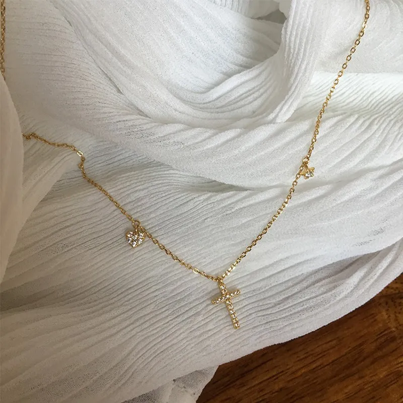 

925 Sterling Silver Crystal Cross Heart Star Charm Pendent Choker Necklaces for Women Statement Jewelry Accessories dz246