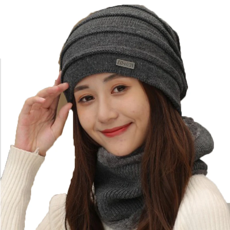 Шапка шарф набор для мужчин и женщин Толстая теплая зимняя шапка бини с кольцом