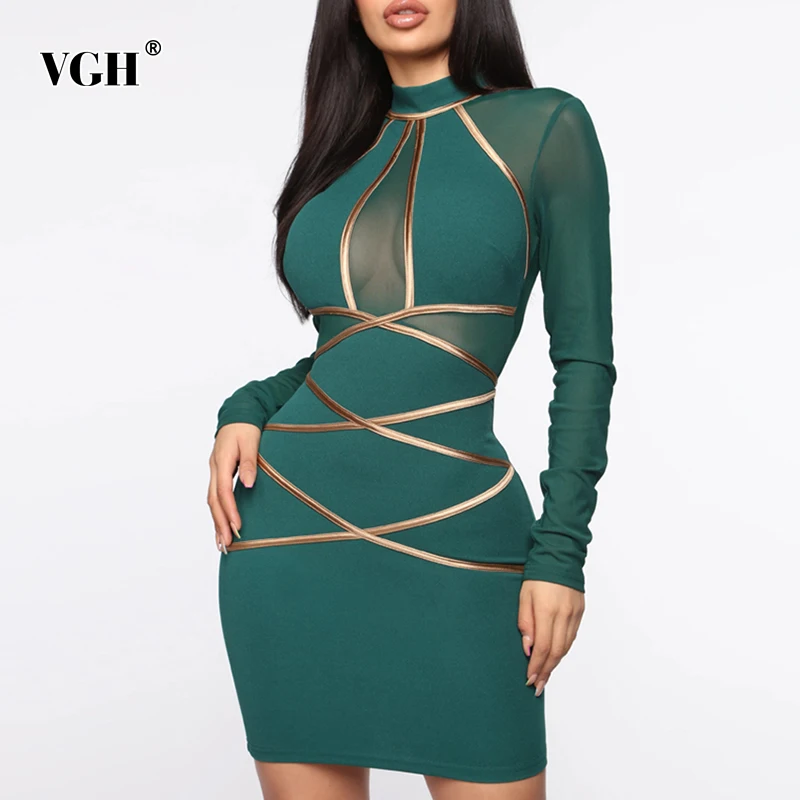 Женское Сетчатое платье миди с воротником стойкой и длинным рукавом|Женские