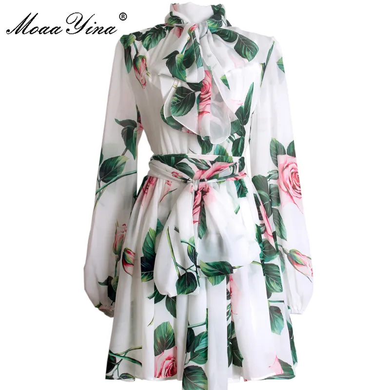 Женское Короткое Шифоновое Платье MoaaYina модельное с принтом роз и бантом на
