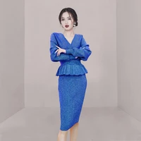 autumn and winter new korean celebrity v neck long sleeve slim ruffle knit sweater high waist hip wrap skirt two piece set