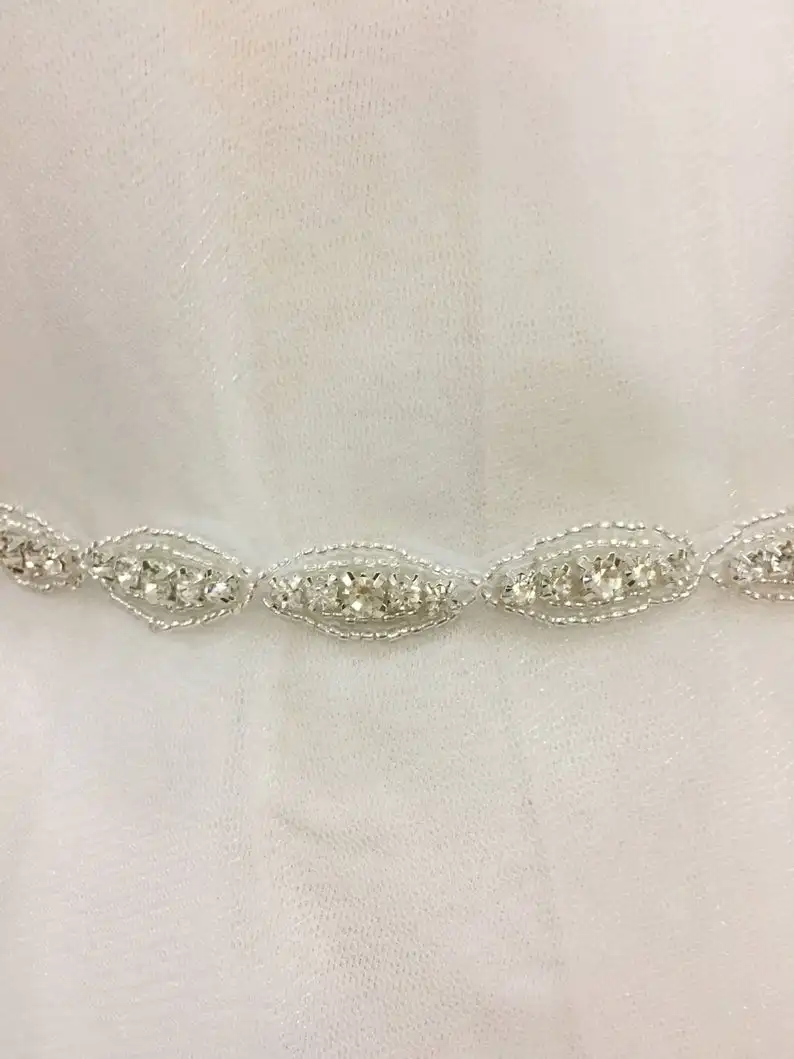 

1 Yard Slim rhinestone crystal beaded lace trim for wedding belt, bridal sash, dress straps ,bridesmaids lace 0.8cm wide