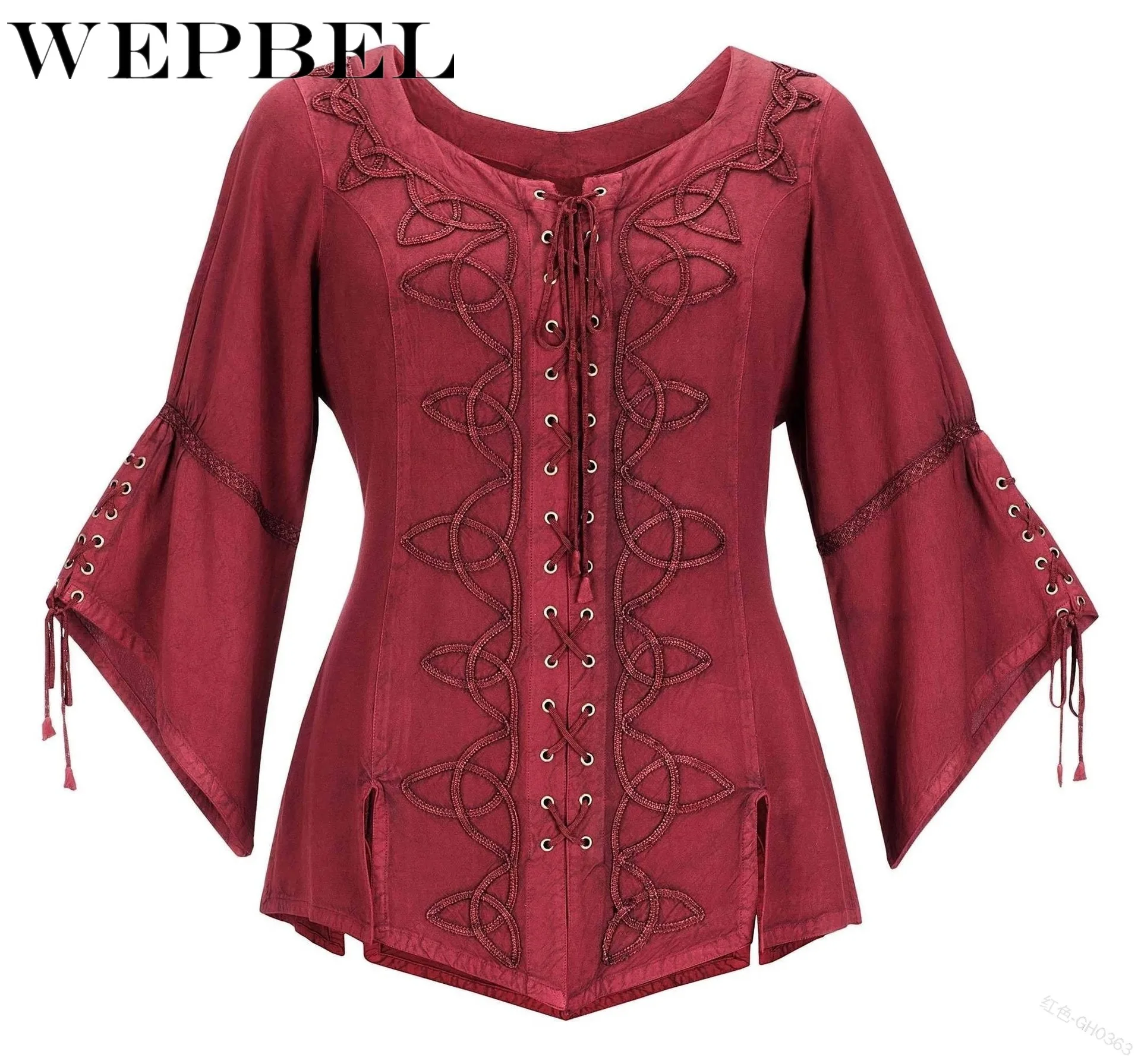 

WEPBEL Spring and Autumn Flare Sleeve Square Collar Split Lace-up Tops Women's Solid Color Vintage Slim Tops