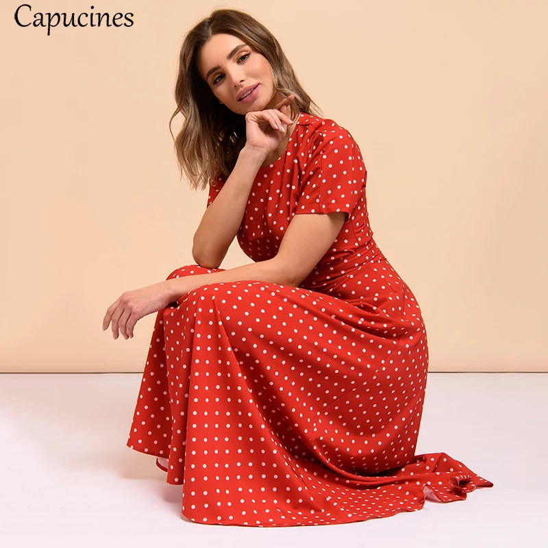 

Женское длинное платье Capucines, Красное Облегающее платье в горошек с коротким рукавом и круглым вырезом, лето 2021