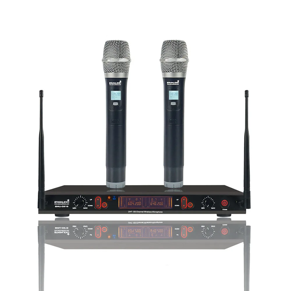 

Dual Channel Handheld Microphone Using High Sensitivity 2 Channel UHF Wireless Dynamic Microphone System Wedding Stage SMU-0215