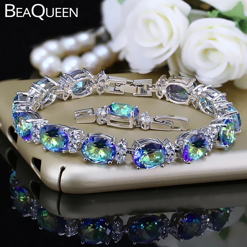 BeaQueen модный большой овальный синий зеленый кубический цирконий многоцветный