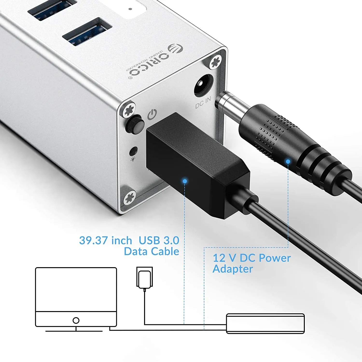 ORICO Алюминиевый USB 3 0 концентратор с 12V внешним источником питания сплиттер
