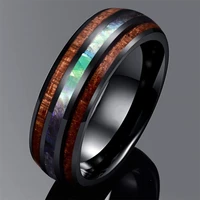 fashion 8mm abalone shell stainless steel rings inlay hawaiian koa wood wedding band ring fashion mens party jewelry