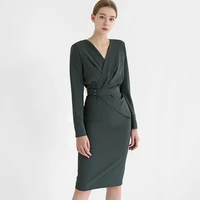 autumn women elegant fashion office lady long sleeve dress waistband knee length bodycon dress