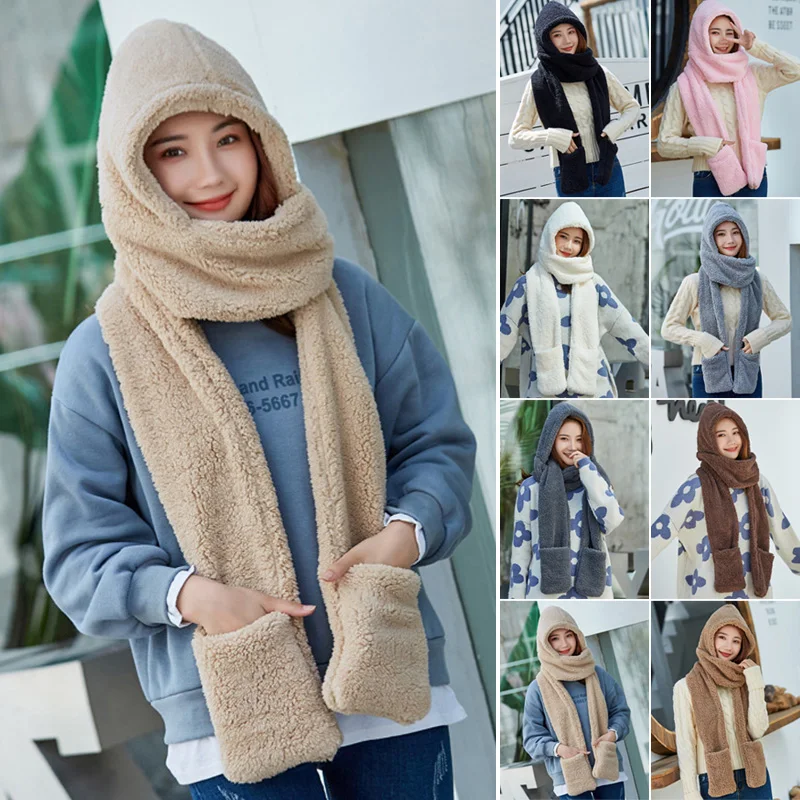 

Женский теплый шарф-капюшон 3 в 1, шарф-снуд с карманами, перчатки, шапка, милый зимний уличный шарф HSJ88