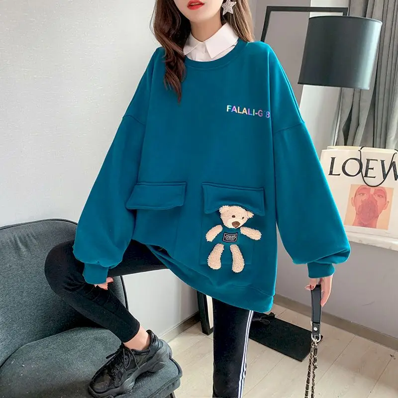 

Mid-length Cute Fashion Pullover Women's Large Size Loose Autumn Winter 2023 New Long Sleeve T-shirt Plus Velvet Thicken Tops