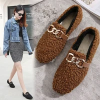 chain lambswool flats moccasins femme slip on plush winter ladies shoes curly furry loafers women creepers zapatos plus size 43