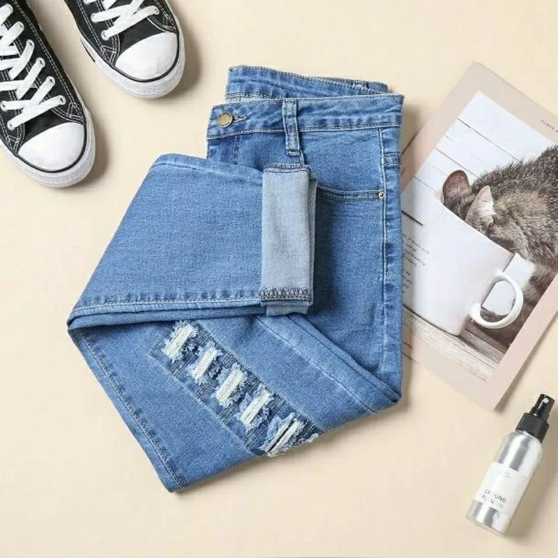 Women's Jeans 2020 Ripped Female Jeans Korean Button Hole Ms. Denim High Waist Loose Casual Pencil Pants