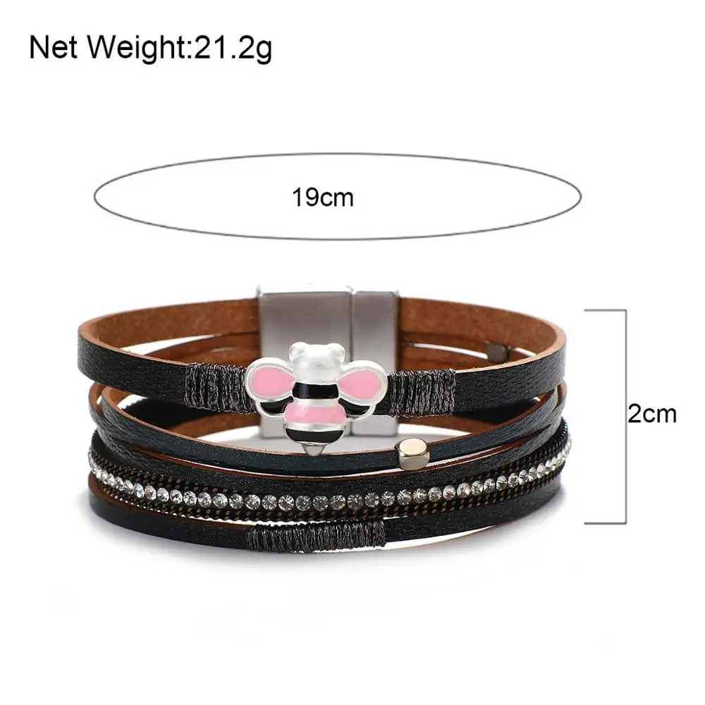 

ALLYES Cute Pink Bee Charms Leather Charms Bracelets for Women Multilayer Rhinestone Wrap Bracelet Party Statement Jewelry Gifts
