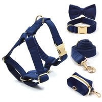 deep blue velvet personalized dog harness luxury designer dog collar leash set bow pet collar with walking lead pet accessories