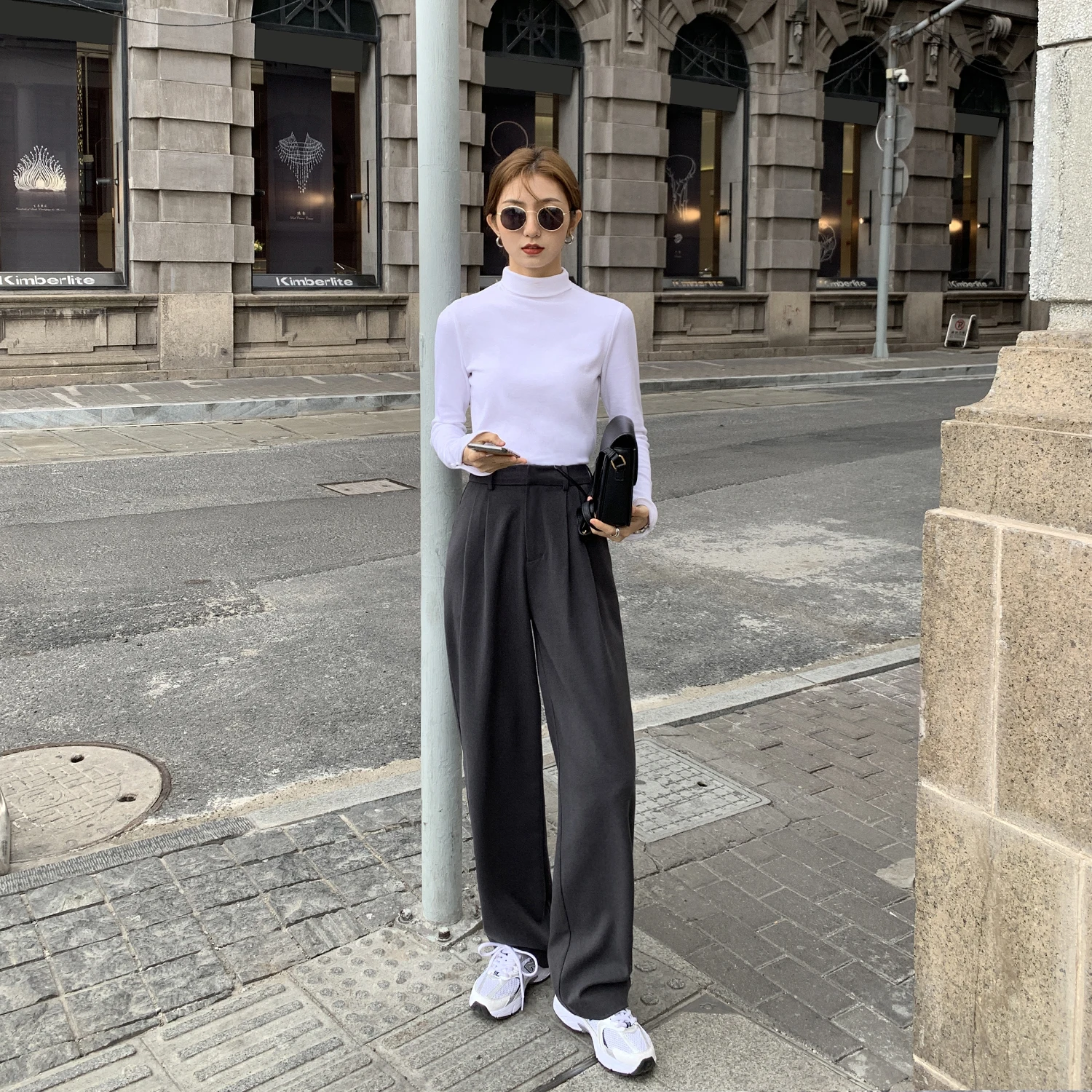

Retro Straight Wide Leg Brown Pants Vintage Female Korean High Waist Casual Long Coffee Pants White Beige Trousers