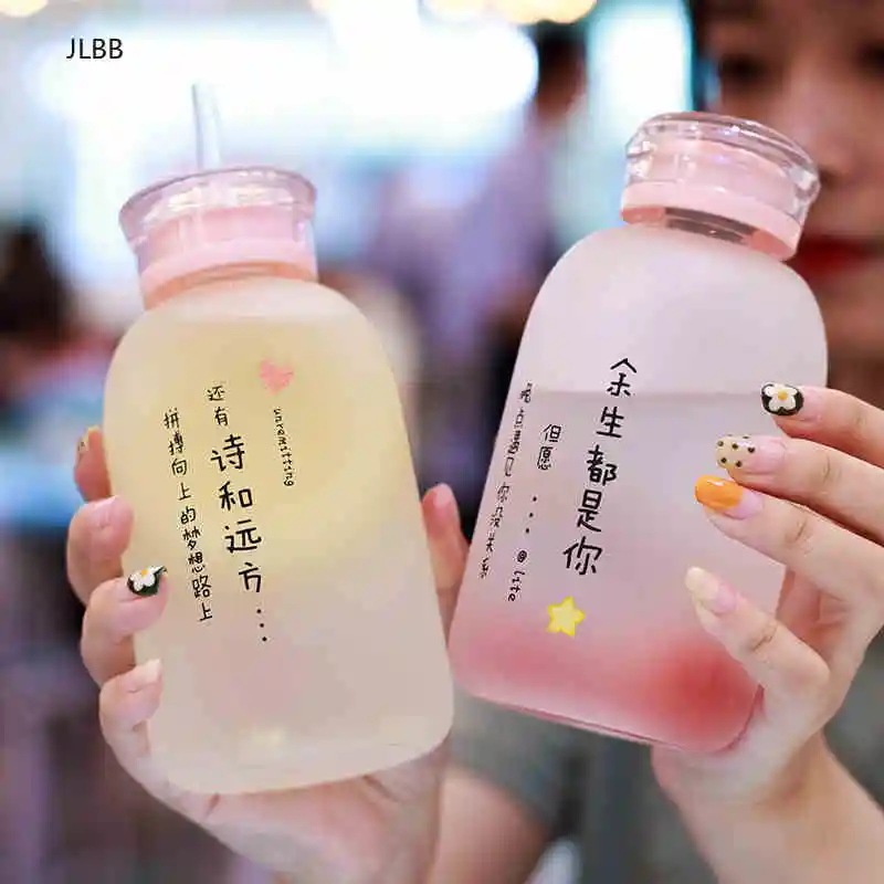 

Kawaii Glass Water Bottle With Straw and lid Cartoon Frosted Leakproof Drinkware Bottle Portable Camping My Bottle Children Kids