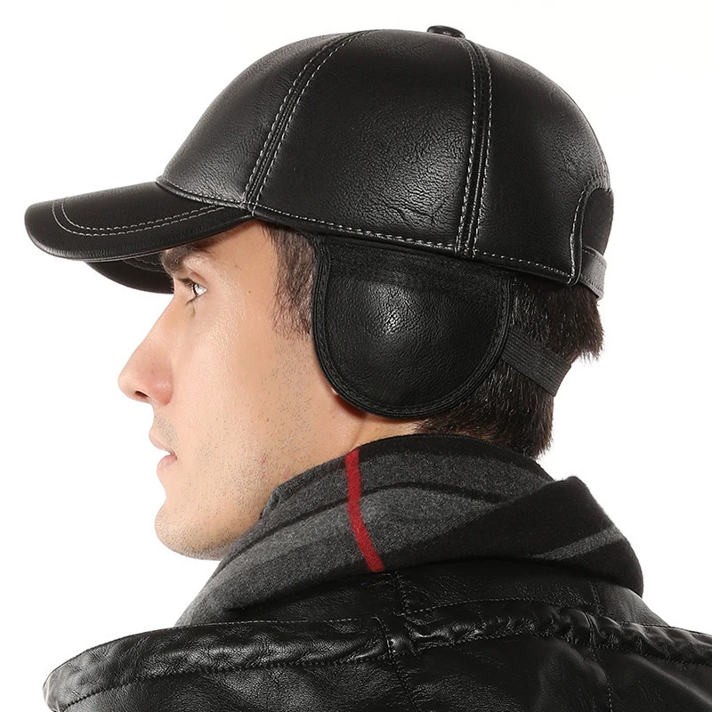 

Wholesale Men's Genuine Leather Baseball Cap Brand Winter Russian Warm Caps Men Ear Protection Hat Gorras