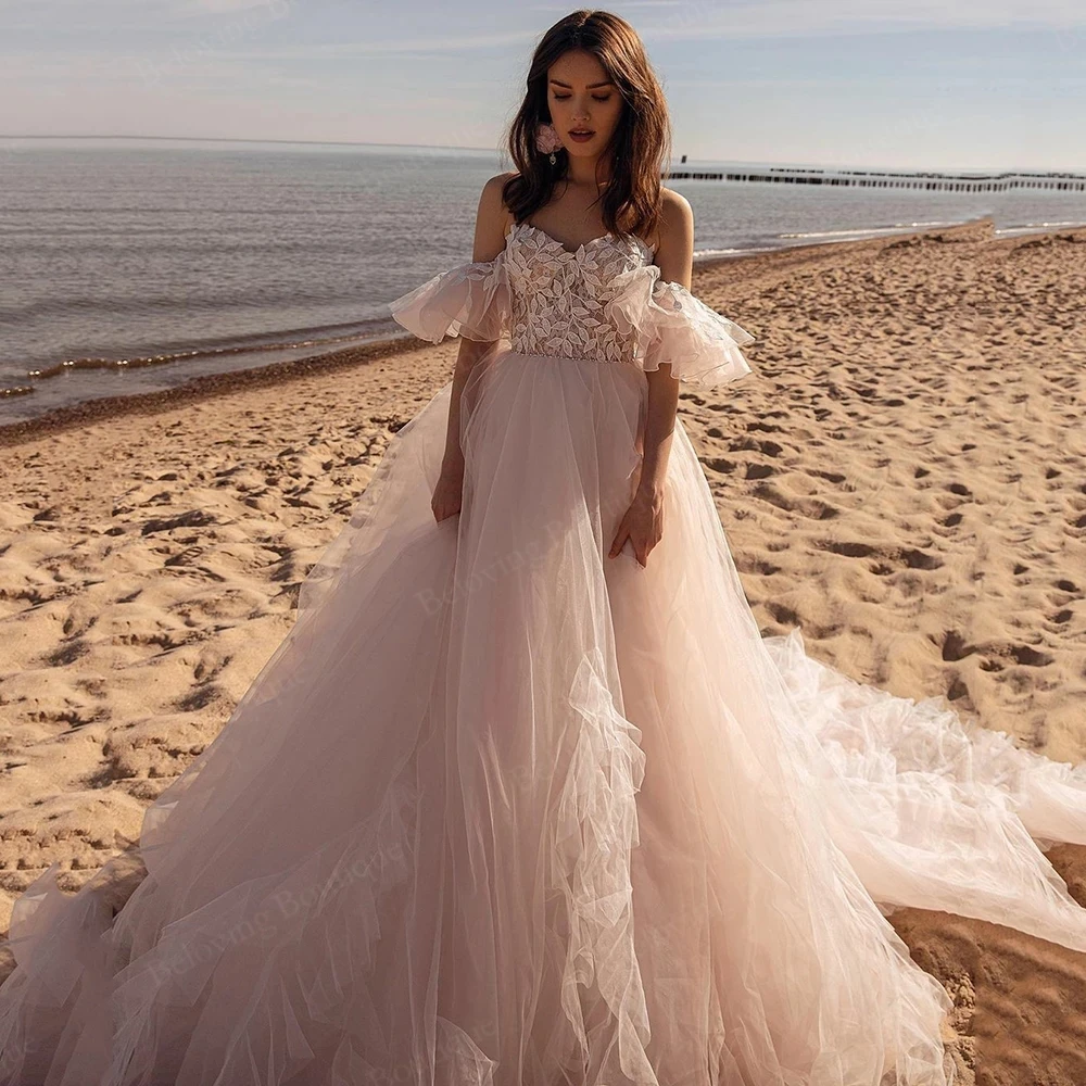 

Princess Lace Appliques Bride Modern Beach Wedding Dresses Off The Shoulder Puffy Sleeves Wedding Gown Vestido 2021 Bridal Dress