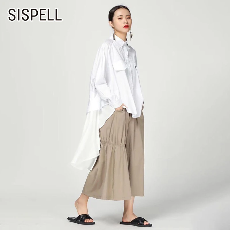 

SISPELL Asymmetric Hem Women's Blouse Lapel Collar Long Sleeve Loose Ruched Pure Color Women's Casual Shirt Fashion 2021 New
