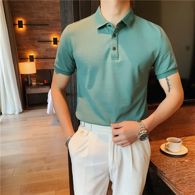 

British Style Summer Solid Turn Down Collar Short Sleeve Polo Shirt Men Clothing 2021 Slim Fit Casual Tee Shirt Homme Streetwear