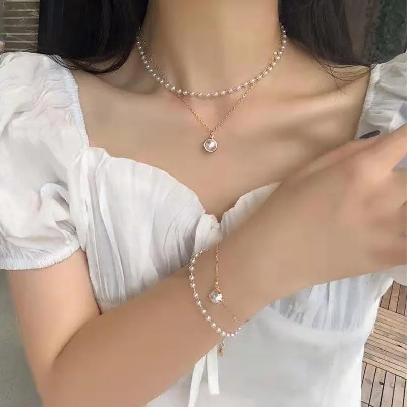 

2021 New Fashion Kpop Pearl Choker Necklace Cute Double Layer Chain Pendant Necklace For Women Jewelry Girl Gift Simple Jewelry