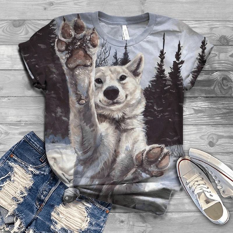 

Animal print short sleeve shirt, animal print 3dt short sleeve shirt for couple with wolf head, street clothes, new, summer, mus