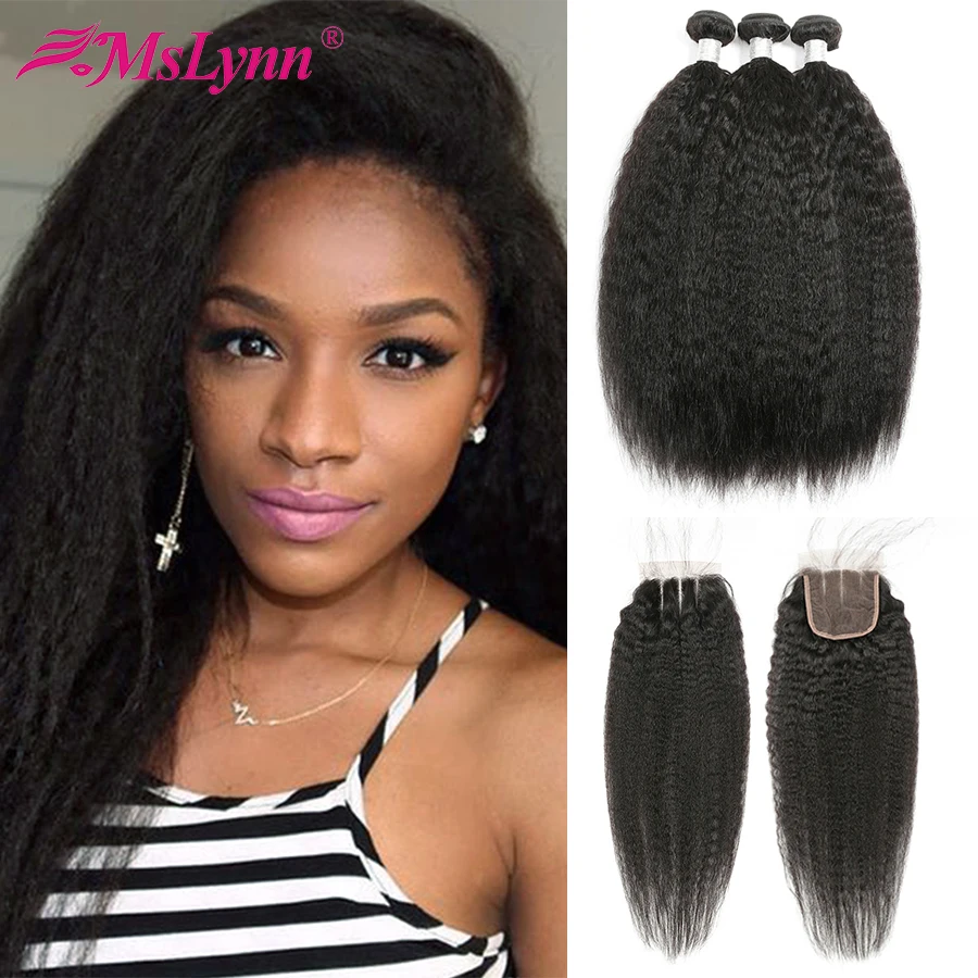 ALIBELE HAIR Kinky Straight Human Hair Bundles With Closure Non Remy Brazilian Hair Weave Bundles with Lace Closure 4 5 Pcs Lot