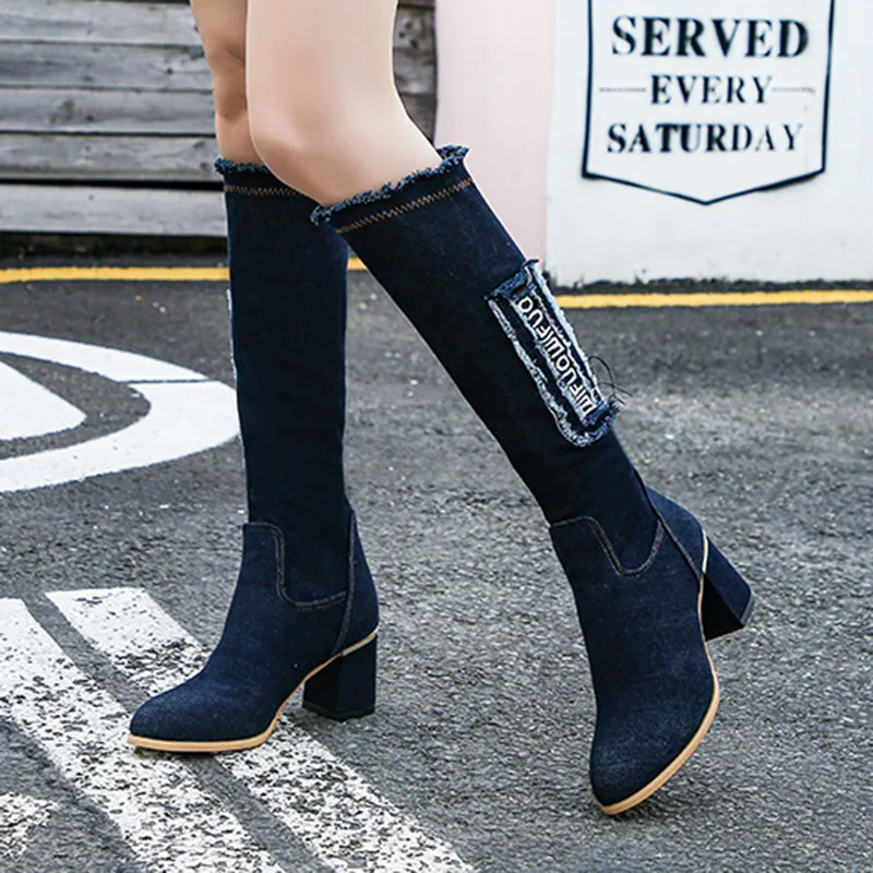 Stretch Deinm Knee High Boots 2020 Autumn New Women Shoes Blue Heels Boot For Ladies botas retro mujer Brand lhcgy 8539N | Обувь