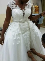 lace wedding dresses detachable train handwork cap sleeves sheer neck plus size bridal gown vestidos de novia