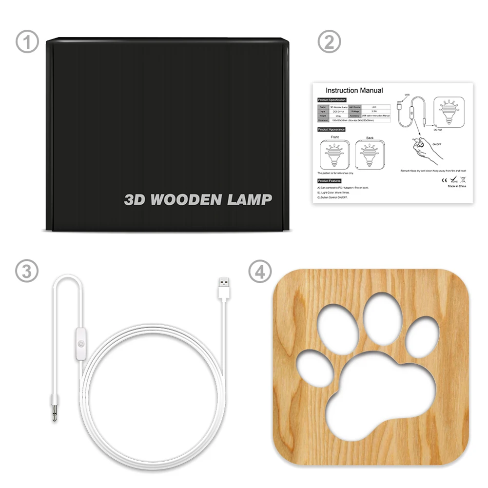 

Wooden Dog Paw Lamp Table Lamp for Kids Bedroom 3D Decoration Table Lamp Children LED Creative USB Night Light